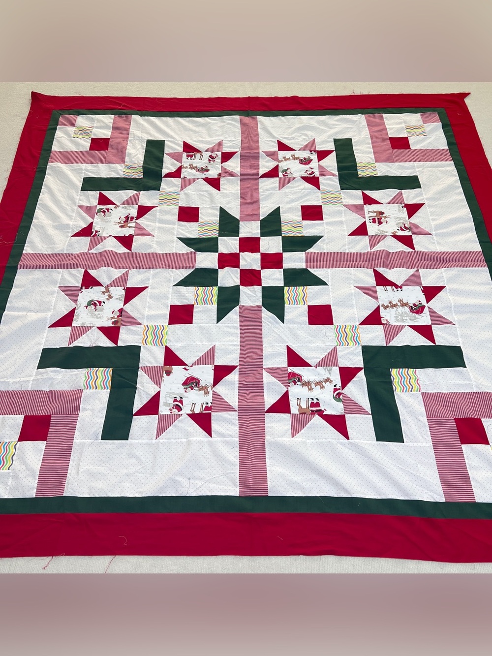 Handmade Peppermint Starlight Cotton Queen size Patchwork Quilt Top/Topper